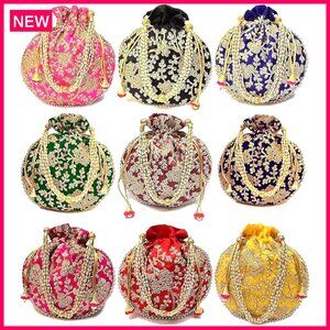 Ethnic Silk Potli Bag Clutch with Beaded Handle for Traditional Dresses